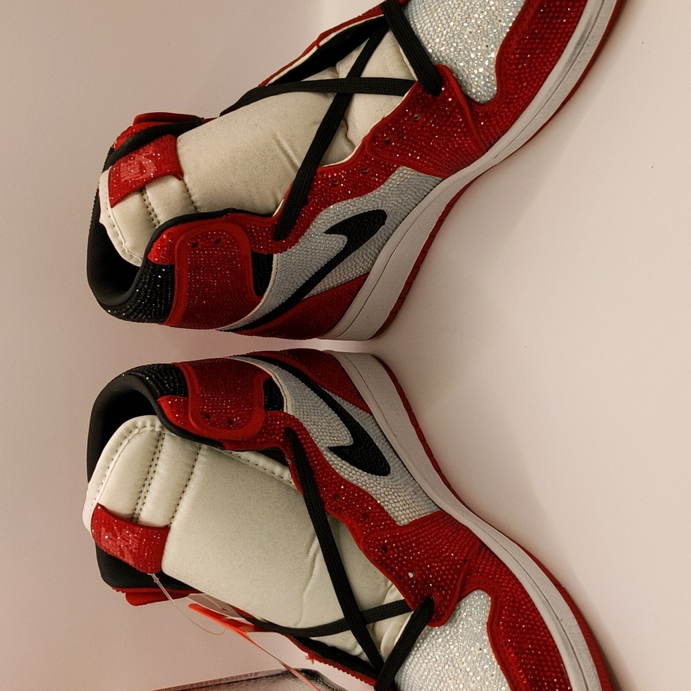 New Custom Crystal Iced Sneakers Red/White/Black Unbranded Bedazzled Sz 6 - Picture 5 of 16